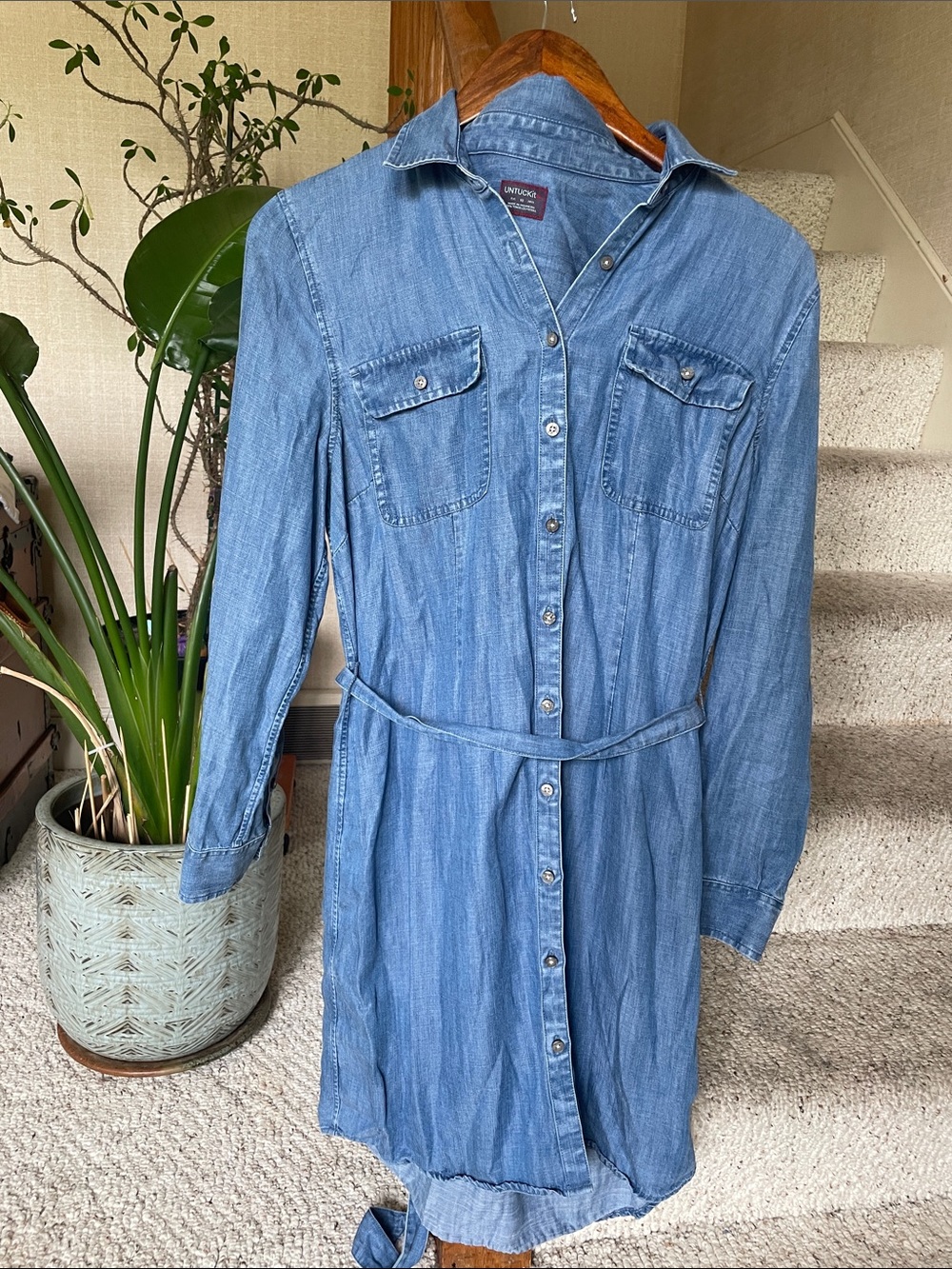 UNTUCKit Light Blue Denim Shirt Dress with Tie Waist